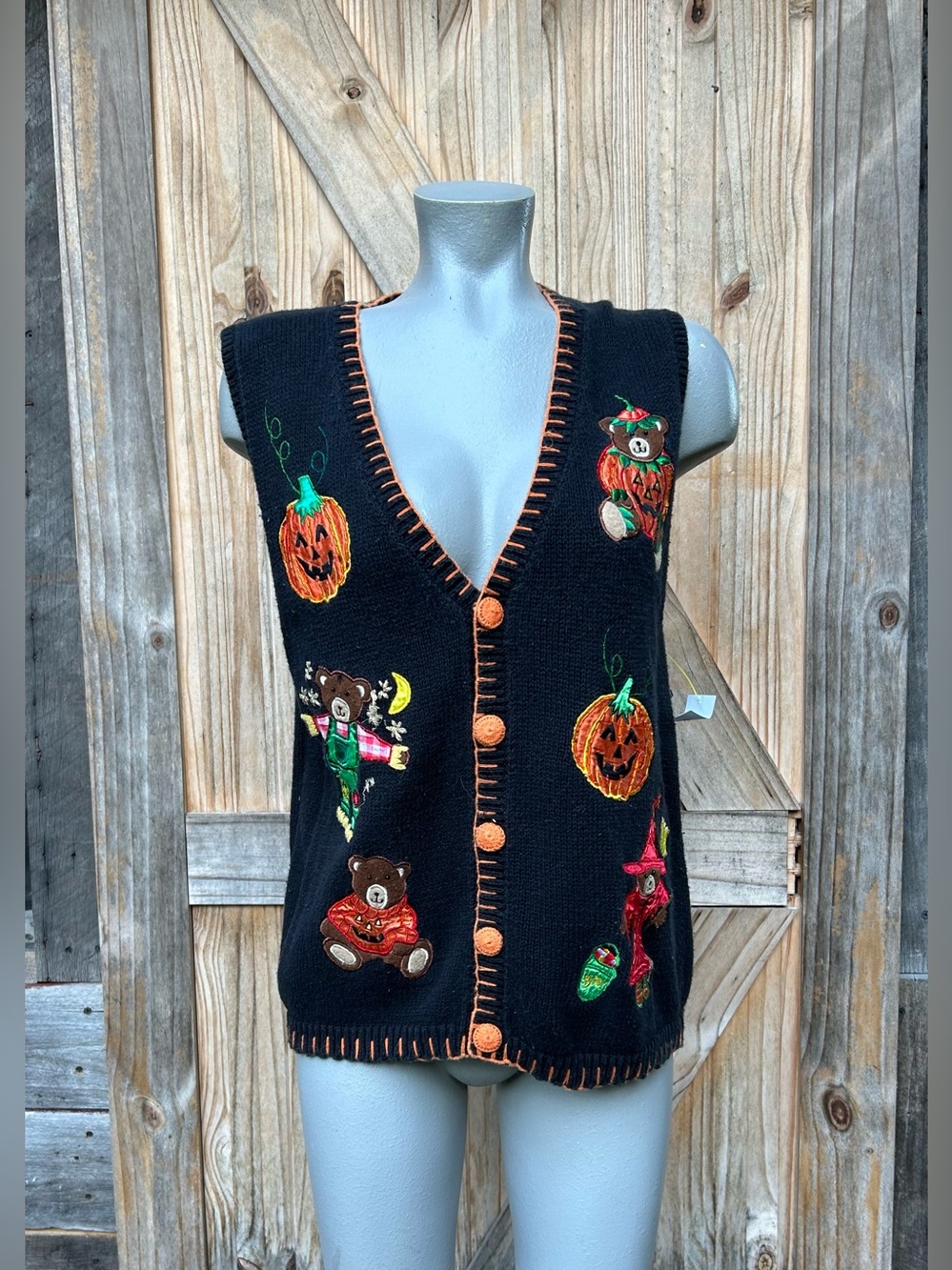 Vintage Basic Edition Black Orange Teddy Bear Pumpkins Halloween Sweater Vest~L~